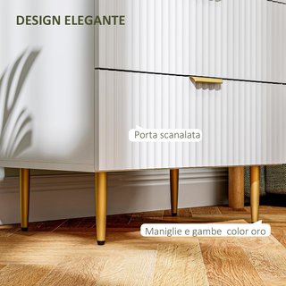 Cómoda de Dormitorio 4 Cajones Estriados, Cómoda Moderna con Manijas y Patas Doradas, Mueble para Sala de Estar, Habitación Infantil y Pasillo en Madera, 60X40X96 Cm, Blanco