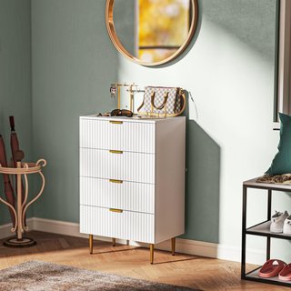 Cómoda de Dormitorio 4 Cajones Estriados, Cómoda Moderna con Manijas y Patas Doradas, Mueble para Sala de Estar, Habitación Infantil y Pasillo en Madera, 60X40X96 Cm, Blanco