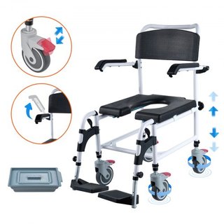 Silla de Comodidad para Ducha con 4 Ruedas Bloqueables, Reposapiés, Brazos Plegables, Altura Ajustable en 3 Niveles, Cubo Extraíble de 5L, Capacidad de 350 LBS, Silla de Comodidad para Adultos y P...
