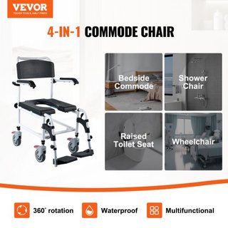 Silla de Comodidad para Ducha con 4 Ruedas Bloqueables, Reposapiés, Brazos Plegables, Altura Ajustable en 3 Niveles, Cubo Extraíble de 5L, Capacidad de 350 LBS, Silla de Comodidad para Adultos y P...