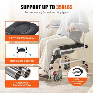Silla de Comodidad para Ducha con 4 Ruedas Bloqueables, Reposapiés, Brazos Plegables, Altura Ajustable en 3 Niveles, Cubo Extraíble de 5L, Capacidad de 350 LBS, Silla de Comodidad para Adultos y P...
