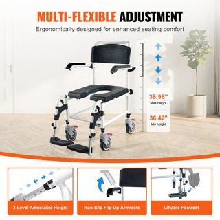 Silla de Comodidad para Ducha con 4 Ruedas Bloqueables, Reposapiés, Brazos Plegables, Altura Ajustable en 3 Niveles, Cubo Extraíble de 5L, Capacidad de 350 LBS, Silla de Comodidad para Adultos y P...