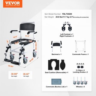 Silla de Comodidad para Ducha con 4 Ruedas Bloqueables, Reposapiés, Brazos Plegables, Altura Ajustable en 3 Niveles, Cubo Extraíble de 5L, Capacidad de 350 LBS, Silla de Comodidad para Adultos y P...