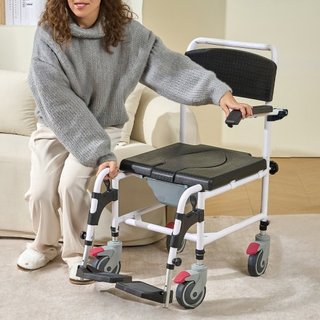 Silla de Comodidad para Ducha con 4 Ruedas Bloqueables, Reposapiés, Brazos Plegables, Altura Ajustable en 3 Niveles, Cubo Extraíble de 5L, Capacidad de 350 LBS, Silla de Comodidad para Adultos y P...
