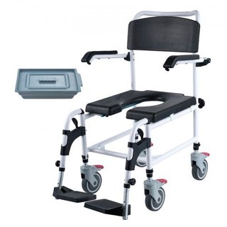Silla de Comodidad para Ducha con 4 Ruedas Bloqueables, Reposapiés, Brazos Plegables, Altura Ajustable en 3 Niveles, Cubo Extraíble de 5L, Capacidad de 350 LBS, Silla de Comodidad para Adultos y P...