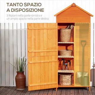 Cobertizo para Herramientas de Jardín de Madera de Abeto con 2 Puertas, Caseta de Herramientas de Jardín con 3 Estantes, Techo Inclinado para Terraza Patio, 84X52X188 Cm, Naranja