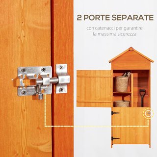 Cobertizo para Herramientas de Jardín de Madera de Abeto con 2 Puertas, Caseta de Herramientas de Jardín con 3 Estantes, Techo Inclinado para Terraza Patio, 84X52X188 Cm, Naranja