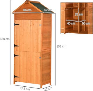 Cobertizo para Herramientas de Jardín de Madera de Abeto con 2 Puertas, Caseta de Herramientas de Jardín con 3 Estantes, Techo Inclinado para Terraza Patio, 84X52X188 Cm, Naranja