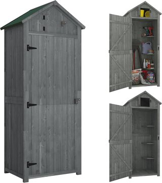 Caseta de Jardín Pequeña de Madera, Armario de Herramientas Ahorra Espacio con 3 Estantes Extraíbles y Apertura en el Techo, Techo de Asfalto Impermeable y Puerta con Cerradura, 77X54.2X179Cm, Gris