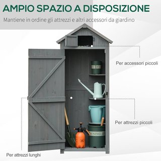 Caseta de Jardín Pequeña de Madera, Armario de Herramientas Ahorra Espacio con 3 Estantes Extraíbles y Apertura en el Techo, Techo de Asfalto Impermeable y Puerta con Cerradura, 77X54.2X179Cm, Gris