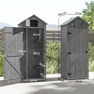 Caseta de Jardín Pequeña de Madera, Armario de Herramientas Ahorra Espacio con 3 Estantes Extraíbles y Apertura en el Techo, Techo de Asfalto Impermeable y Puerta con Cerradura, 77X54.2X179Cm, Gris