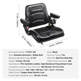 Asiento Universal para Montacargas, Asiento de Tractor Plegable con Respaldo Ajustable, Interruptor Micro, Cinturón de Seguridad y Descansabrazos, Asiento de Tractor para Cargadora Excavadora con ...
