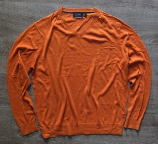 Nautica Men’s Orange V-Neck Jumper Size L