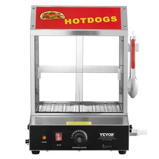 Vaporera de Perros Calientes, 27L, Vaporera de Perros Calientes de 2 Niveles, Control de Temperatura de 30℃~85℃, Calentador de Panecillos Eléctrico con Puertas de Vidrio Templado, Placa de Separac...