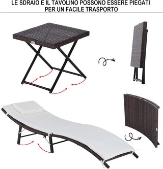 Set de 2 Tumbonas Plegables, Sillas de Jardín de Ratan con Cojines Extraíbles Lavables y Mesa Plegable, Crema