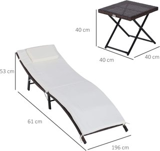 Set de 2 Tumbonas Plegables, Sillas de Jardín de Ratan con Cojines Extraíbles Lavables y Mesa Plegable, Crema