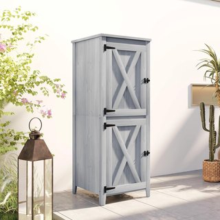 Caseta De Jardín De Madera De Abeto Con Base Elevada, 2 Armarios Y 2 Estantes Extraíbles, Armario De Jardín Para Terraza Y Patio, 60X60X160 Cm, Gris Claro