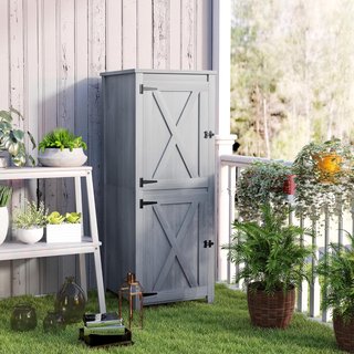 Caseta De Jardín De Madera De Abeto Con Base Elevada, 2 Armarios Y 2 Estantes Extraíbles, Armario De Jardín Para Terraza Y Patio, 60X60X160 Cm, Gris Claro