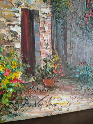 Pintura al óleo: Calle con flores