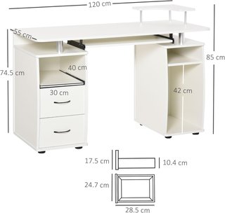 Scrivania per PC in truciolato e acciaio con vassoio per tastiera e monitor, 2 cassetti e spazio per computer, 120X55X85 cm, bianco