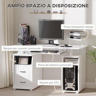 Scrivania per PC in truciolato e acciaio con vassoio per tastiera e monitor, 2 cassetti e spazio per computer, 120X55X85 cm, bianco