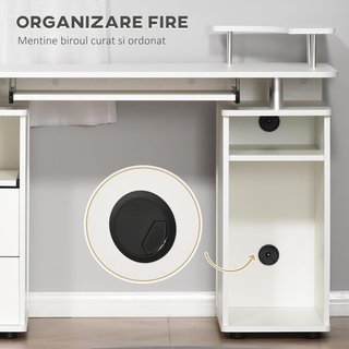 Scrivania per PC in truciolato e acciaio con vassoio per tastiera e monitor, 2 cassetti e spazio per computer, 120X55X85 cm, bianco