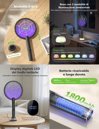 Racchetta Zapper Insetti Base Ricarica RGB Bianca