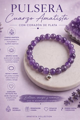 Pulsera Cuarzo Amatista Corazón Plata 925