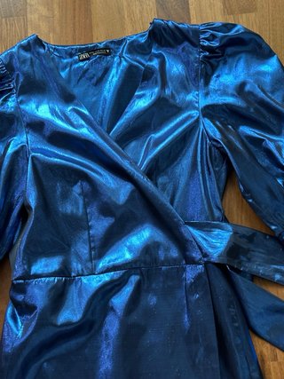Vestito Zara blu metallizzato maniche a sbuffo