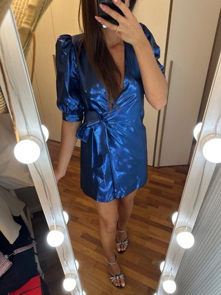 Vestito Zara blu metallizzato maniche a sbuffo