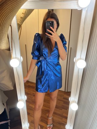 Vestito Zara blu metallizzato maniche a sbuffo