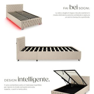 Cama tapizada con listones LED y espacio interior