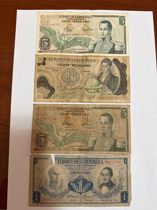 Billetes Colombianos 1, 5, 20 Pesos Oro