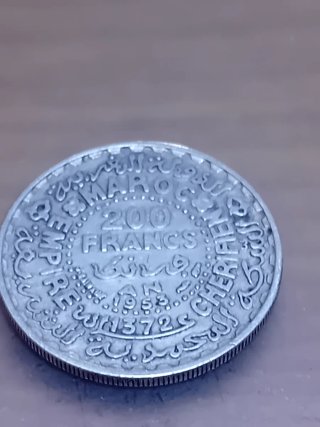 Moneda Marroquí 200 Francos 1953, plata,900
