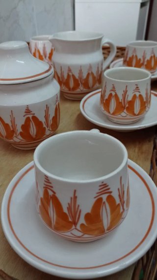 Juego de Café Cerámica Naranja y Blanco