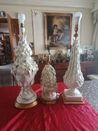 Conjunto Lámparas Manises Cerámica Blanco Dorado