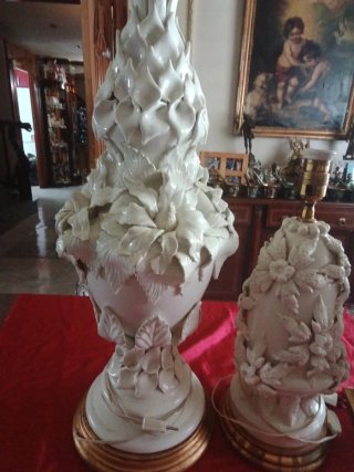 Conjunto Lámparas Manises Cerámica Blanco Dorado