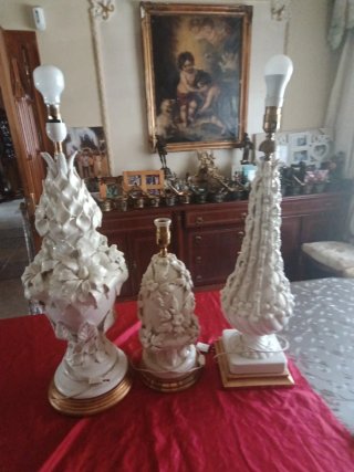 Conjunto Lámparas Manises Cerámica Blanco Dorado