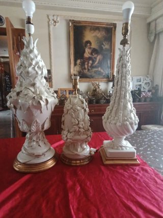 Conjunto Lámparas Manises Cerámica Blanco Dorado