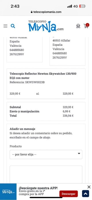 Telescopio Skywatcher 130/900 EQ2