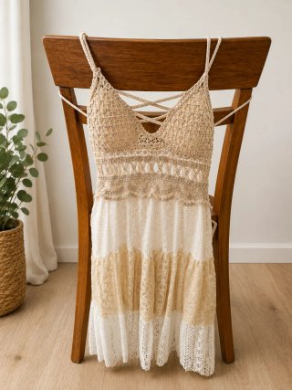 Vestido Crochet Beige y Blanco