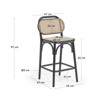 Sgabello Doriane da 65 cm, in legno massello di olmo con finitura laccata nera e seduta rivestita