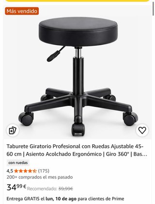 Taburete giratorio con ruedas negro