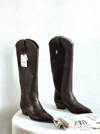 Stivali alti in pelle autentica T. 38 Zara marrone