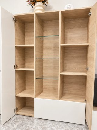 Mueble de salón modular madera y blanco