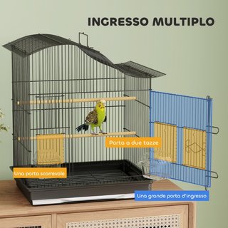 Gabbia per Uccelli a 4 Porte con 2 Ciotole, 2 Posa