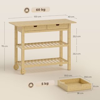 Carrello Cucina in Legno di Bambù con 2 Cassetti,