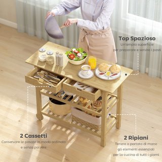 Carrello Cucina in Legno di Bambù con 2 Cassetti,