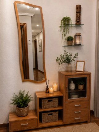 Mueble recibidor con espejo y estanterías