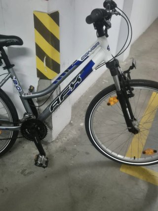 Bicicleta de montaña plateada y blanca